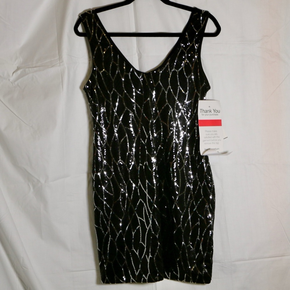 As U Wish Black and Silver Sequin Mini Dress, New
